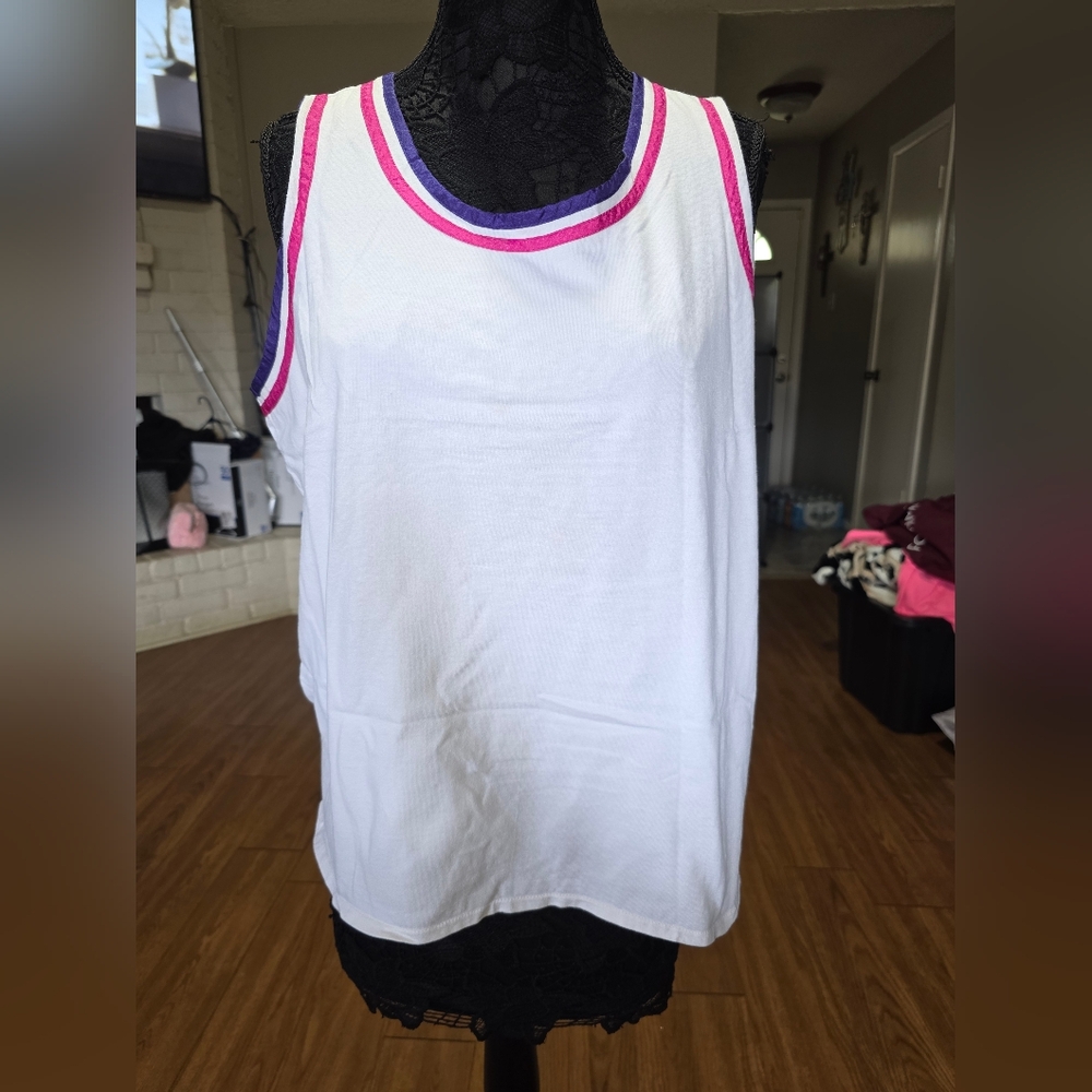 Stylish White Tank Top with Pink and Purple Trim